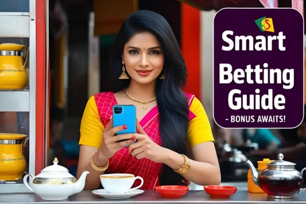 Smart Betting Guide – Unlock Winning Strategies for Success A stylish Bangladeshi woman smiling at a tea stall, holding a phone with a betting app, representing the smart betting guide.