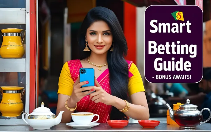 A stylish Bangladeshi woman smiling at a tea stall, holding a phone with a betting app, representing the smart betting guide.