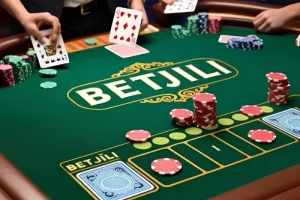 Online casino table with cards, chips, and Betjili logo.