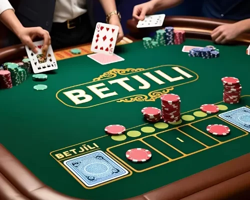 Online casino table with cards, chips, and Betjili logo.