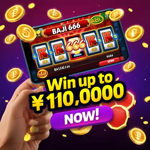 A vibrant banner showing a user playing Baji 666 on a smartphone with glowing slot machines, bonus coins, and the tagline 'Win up to ৳10,000 now!' in bold.