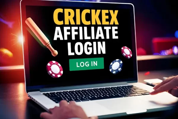 Crickex Affiliate Login: Step Into a Future of Success User logging into the CRICKEX AFFILIATE LOGIN page on a laptop, with bold text on screen, showing excitement in online gambling.
