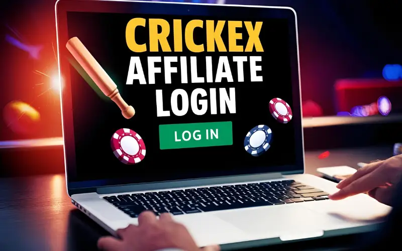User logging into the CRICKEX AFFILIATE LOGIN page on a laptop, with bold text on screen, showing excitement in online gambling.