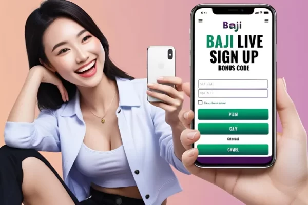 A smiling young woman entering the baji live sign up bonus code on her smartphone, ready to claim exclusive rewards.
