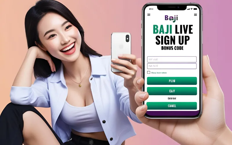 A smiling young woman entering the baji live sign up bonus code on her smartphone, ready to claim exclusive rewards.