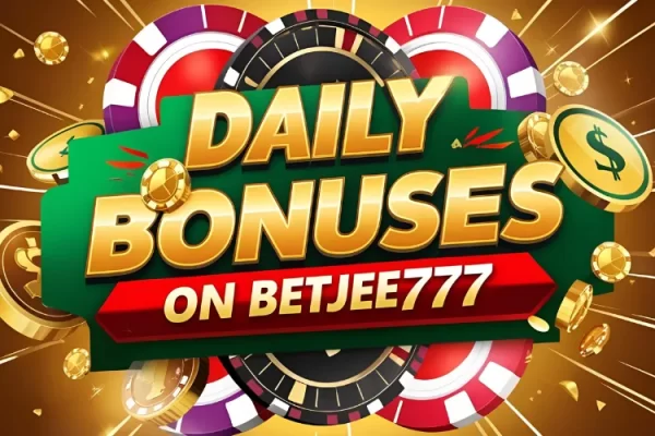 Betjee777 Offers Irresistible Casino Bonuses Daily Colorful promotional image showcasing daily casino bonuses available on betjee777, featuring casino chips and bonus icons.