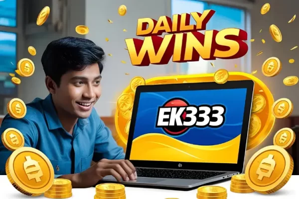 EK333 – Your Gateway to Thrilling Entertainment and Daily Wins A happy user in Dhaka using the EK333 platform on a laptop, with daily bonuses and rewards icons surrounding the EK333 logo.