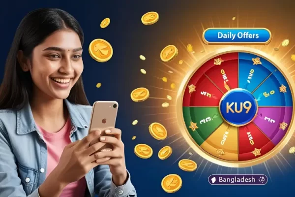 ku9 Claim Amazing Daily Offers and Game Rewards in BD Dhaka gamer spinning KU9 reward wheel for daily offers.