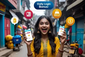 Excited Bangladeshi youth celebrating rewards on their phone.