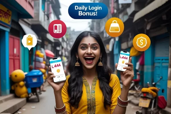 L444: Claim Exclusive Rewards in a Safe, Fun Platform Excited Bangladeshi youth celebrating rewards on their phone.