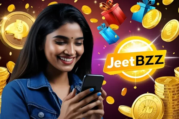 Happy young woman winning on JEETBZZ app.