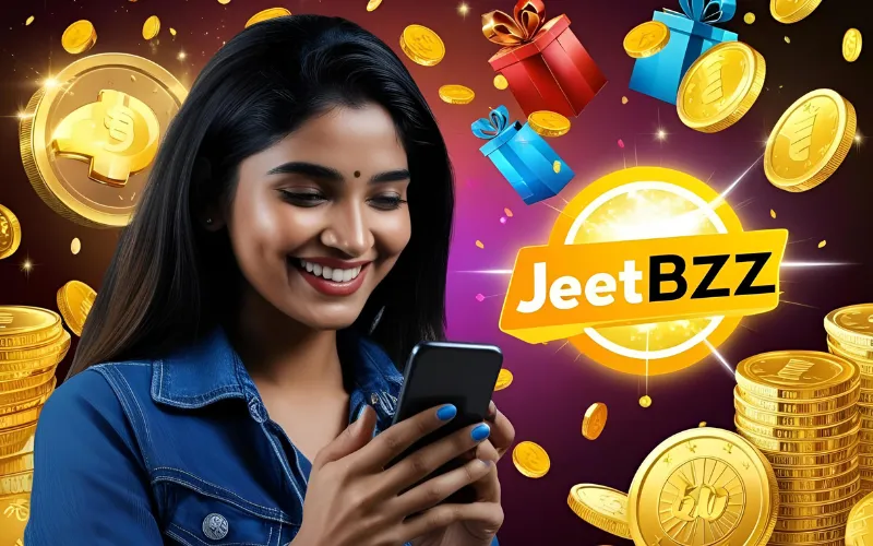Happy young woman winning on JEETBZZ app.