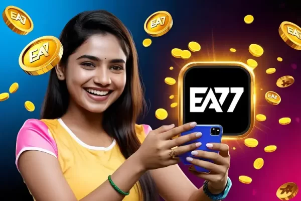 Happy Bangladeshi player holding phone with EA77 logo, coins flying, and bright gaming background.