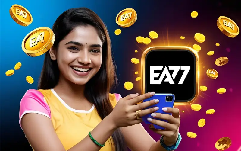 Happy Bangladeshi player holding phone with EA77 logo, coins flying, and bright gaming background.