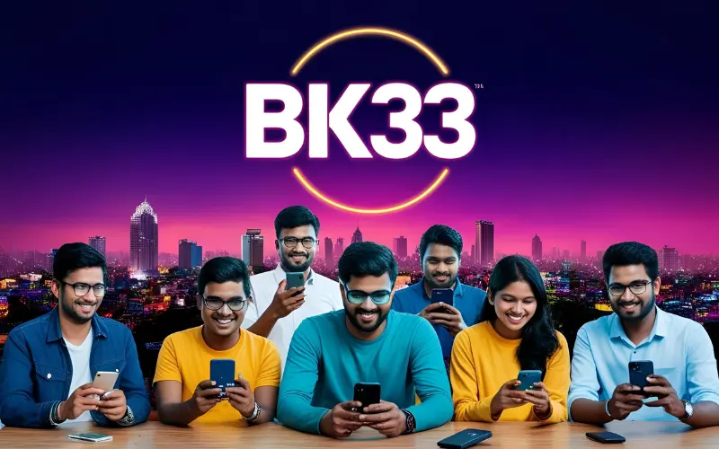 BK33_dhaka_users_mobile People in Dhaka using smartphones to access BK33, with bold BK33 logo and digital community feel.