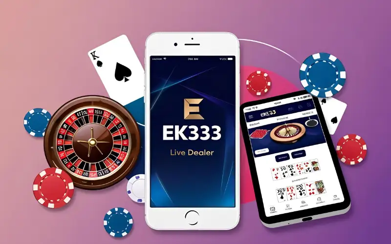 EK333-live-casino-mobile A smartphone showing the EK333 live casino interface with a live dealer, chips, and cards, set in a sleek and secure layout.