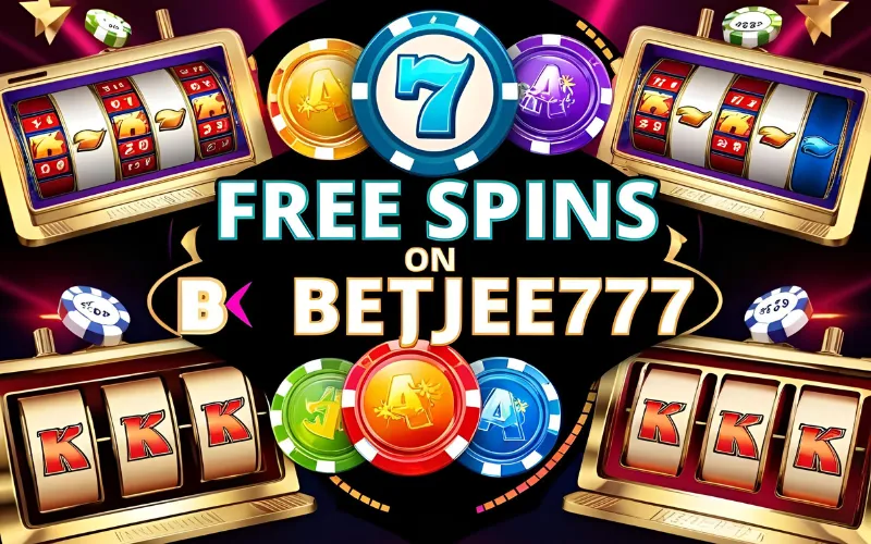 Free Spins on betjee777 Slot Games Engaging graphic of slot machines with spinning reels and bonus symbols highlighting free spins offered by betjee777.