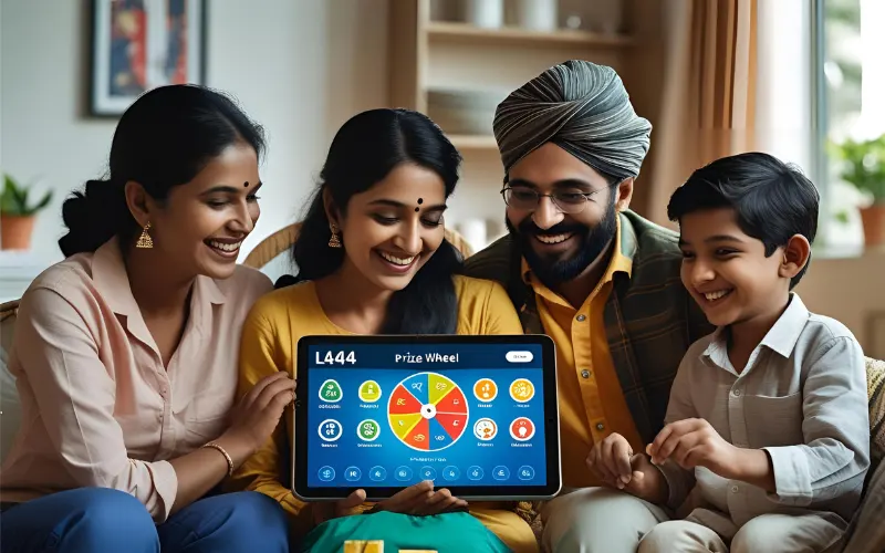Smiling Bangladeshi family enjoying L444 together on a tablet.