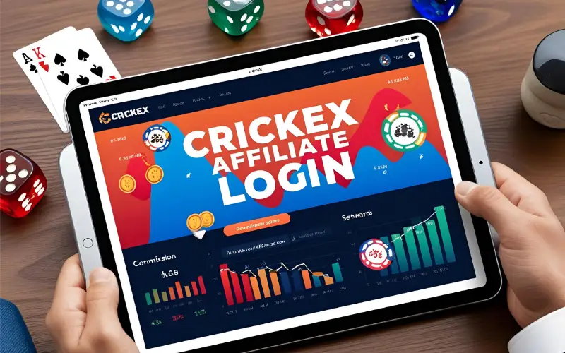 Monitor Your Success on the CRICKEX AFFILIATE LOGIN Dashboard Affiliate marketer checking their earnings on a tablet showing a dashboard with bold CRICKEX AFFILIATE LOGIN title and gambling graphics.