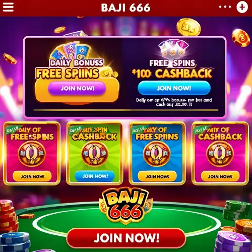 Play Baji 666 – Unlock Daily Bonuses & Free Spins! A social media graphic showing the Baji 666 mobile app screen with daily bonus offers, spinning reels, and icons of free spins and cashback.