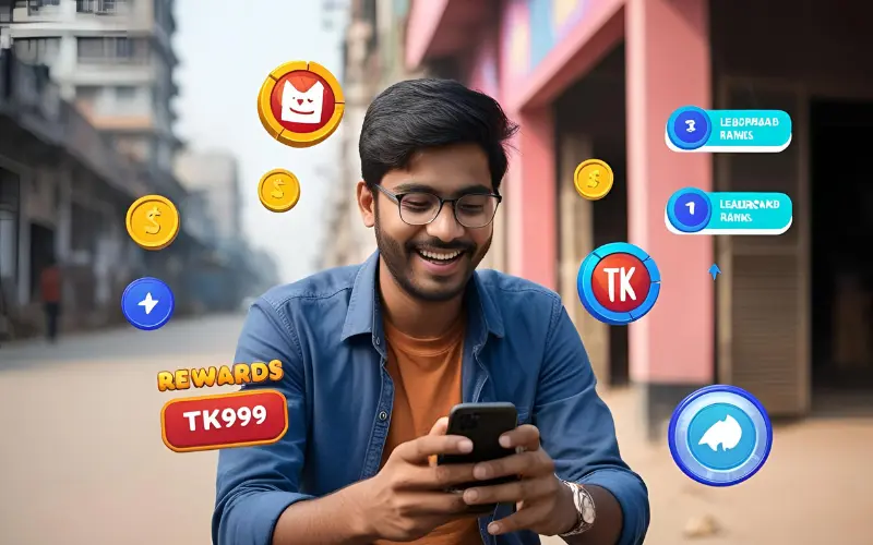 TK999_mobile_gaming_dhaka Man playing TK999 skill games on mobile phone in Dhaka with visible reward icons