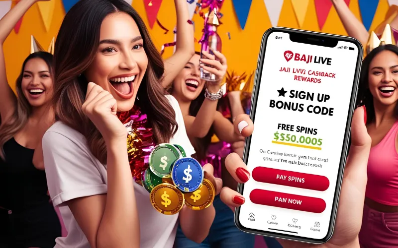 Woman celebrating big wins and free spins after using the baji live sign up bonus code.
