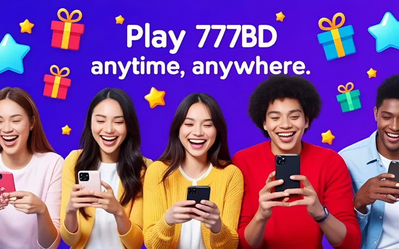 777BD_Fun_Play_Anytime Happy users enjoying 777BD games on mobile devices with colorful prize background.