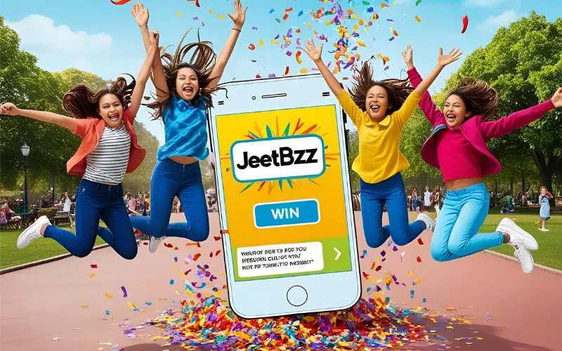Celebrate Wins on JEETBZZ! Group of girls cheering with JEETBZZ win on screen.