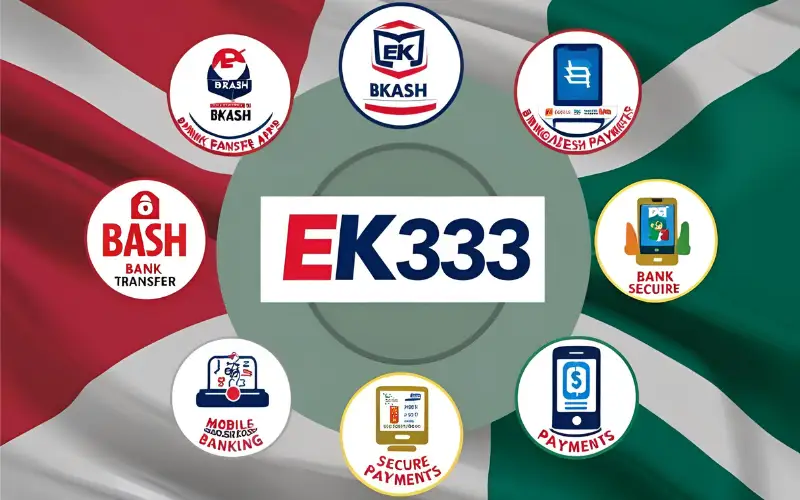 EK333-payment-methods-bangladesh EK333 branding with icons of bKash, mobile banking, and bank transfers tailored for Bangladeshi users.