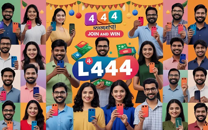 Diverse Bangladeshi users proudly showing their phones with L444 rewards.