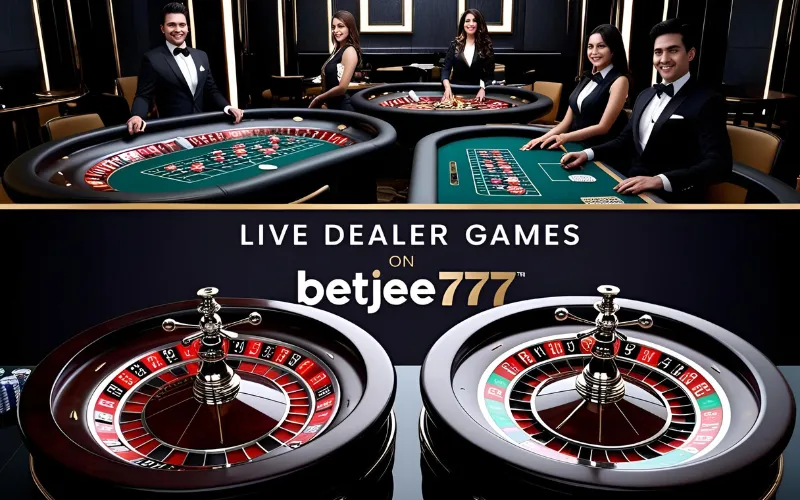 Live Dealer Casino Games on betjee777 Modern live casino scene with roulette and blackjack tables and professional dealers, promoting live games on betjee777.