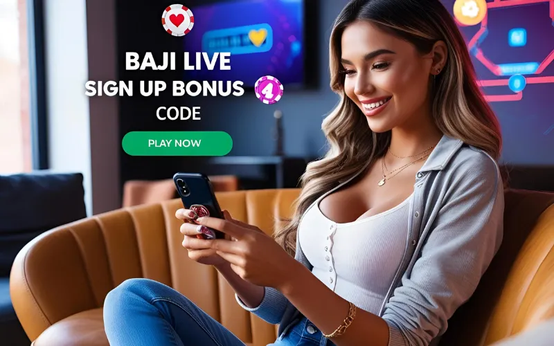 Woman playing casino games on her phone using the baji live sign up bonus code, enjoying mobile gaming freedom