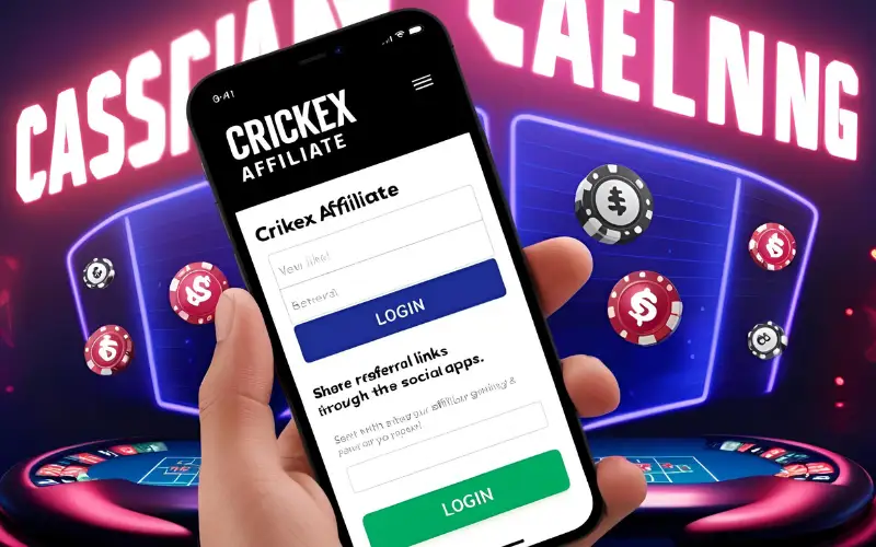 Share and Earn with CRICKEX AFFILIATE LOGIN Referral Links Smartphone showing CRICKEX AFFILIATE LOGIN with bold heading as user shares affiliate links via social media apps in a casino-style background.