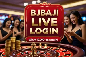 Red and gold-themed gaming promotion banner with bold text "BJ BAJI LIVE LOGIN", cash prizes, happy players, and casino background.