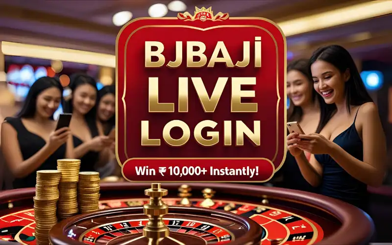 Red and gold-themed gaming promotion banner with bold text "BJ BAJI LIVE LOGIN", cash prizes, happy players, and casino background.
