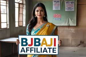 Woman smiling and holding a sign with BJ Baji Affiliate text