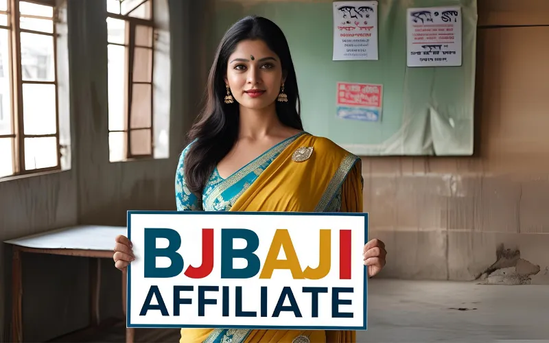 Woman smiling and holding a sign with BJ Baji Affiliate text