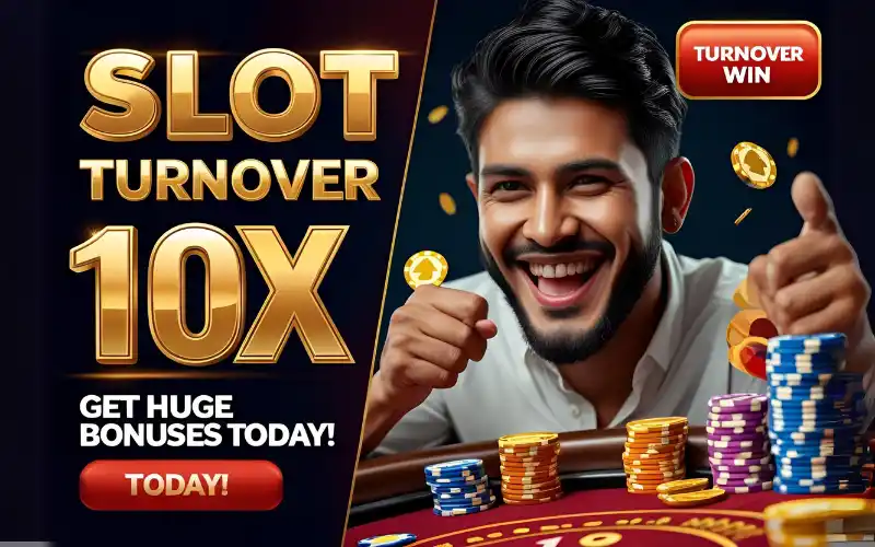 Player celebrating a big win on a slot game with “Slot Turnover 10x Bonus” text overlay
