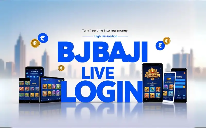 Blue, modern online gaming ad with bold "BJ BAJI LIVE LOGIN" text, mobile gaming visuals, currency symbols, and Dhaka skyline.