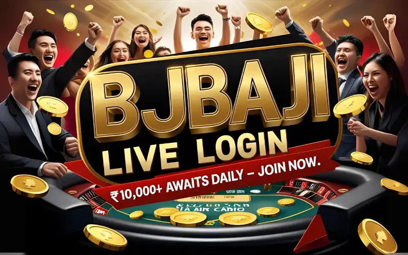 Exciting, energetic gaming poster with bold "BJ BAJI LIVE LOGIN", gold coins, live dealer table, cheering crowd, and cash prize text.