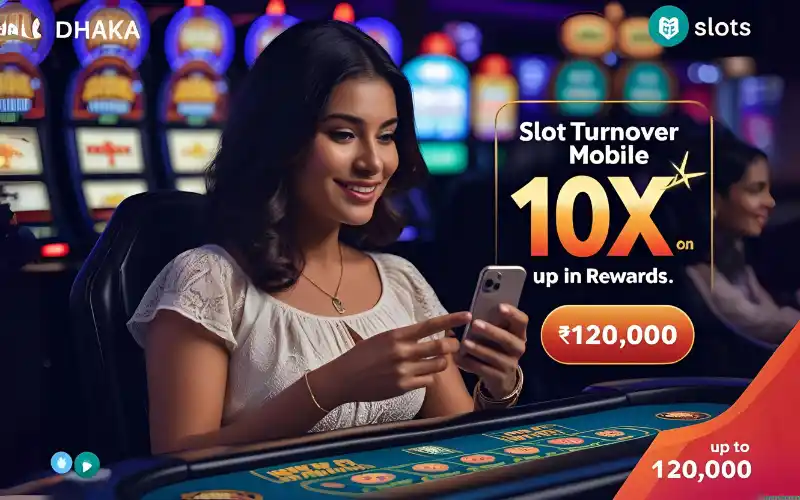 Mobile screen showing an online casino with “Slot Turnover 10x” flashing on top