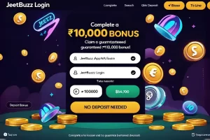 Mobile screen showing jeetbuzz app login with bonus reward popup.