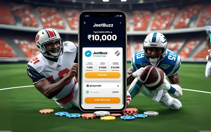 Mobile screen showing Jeetbuzz app login with bonus reward popup.