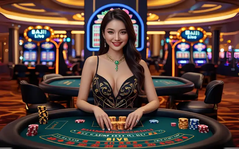 Live dealer table with cards and chips at Baji 365 Live.