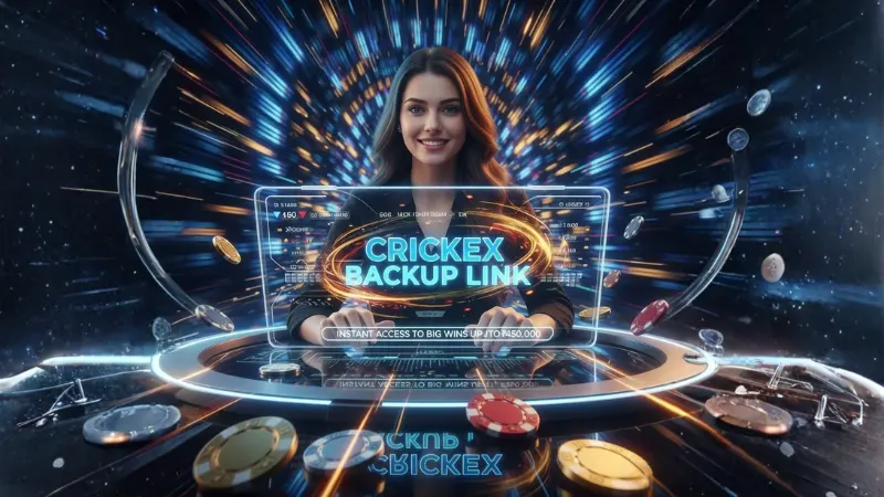 A modern digital betting interface with vibrant lights, chips, and the words “crickex backup link” placed prominently.
